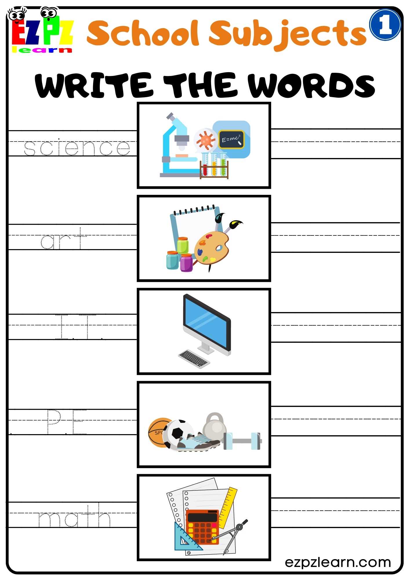 Group1 School Subjects Write the Words Worksheet for K5 and ESL Students